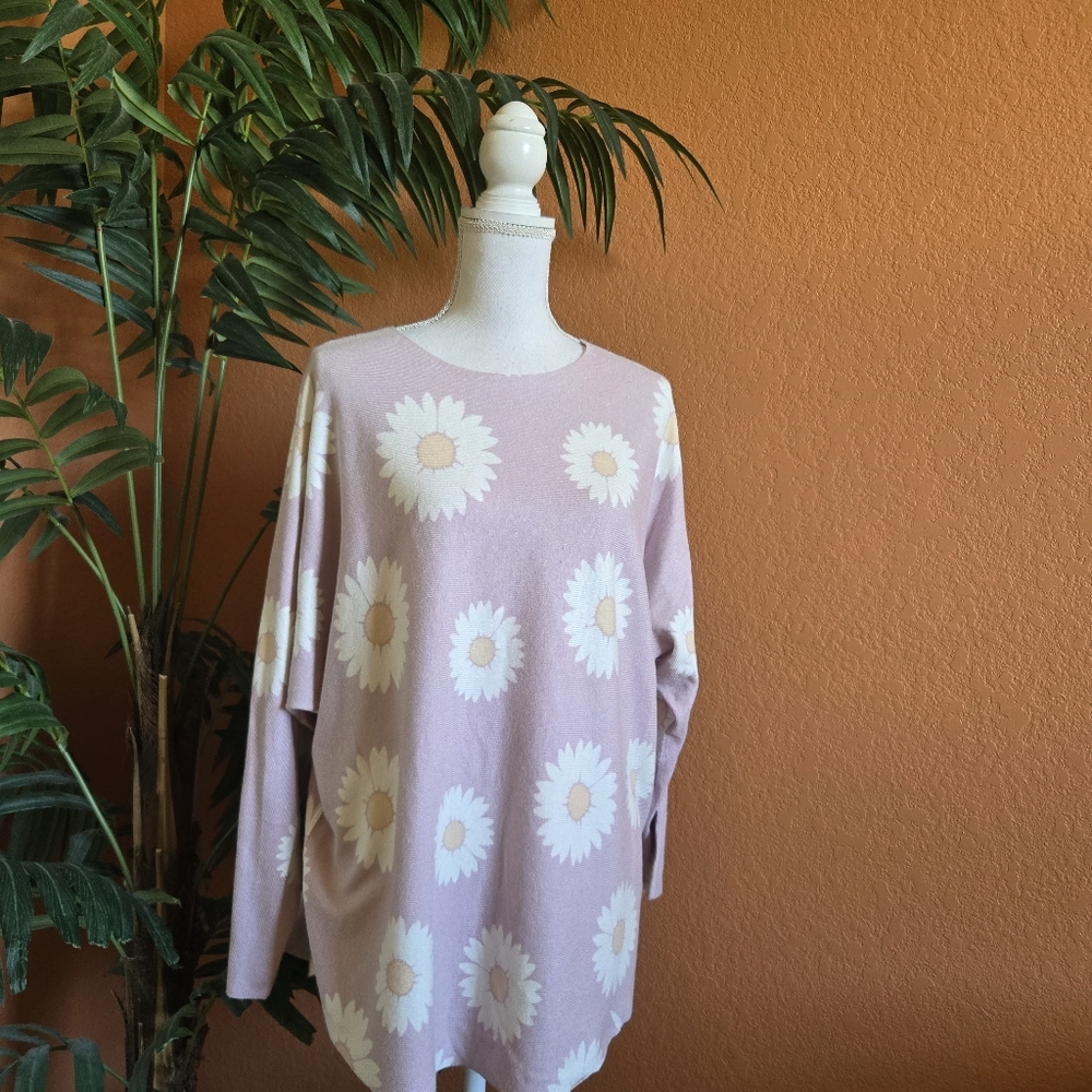 3/$25 Vila Milano Floral Daisy Sweater Pink 1X Soft Stretch Casual Spring
